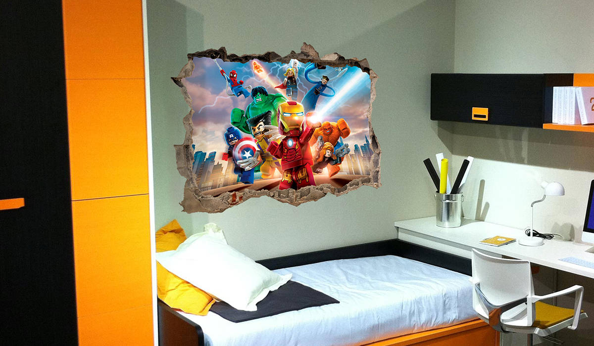 vinilo lego superheroes agujero pared 3d mural