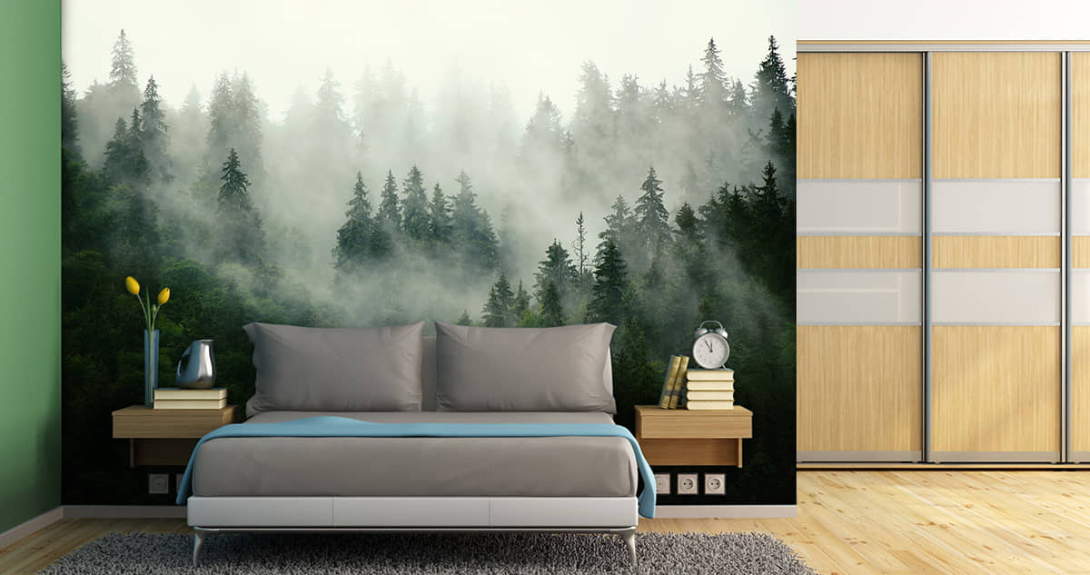 mural impreso bosque abetos niebla vinilo